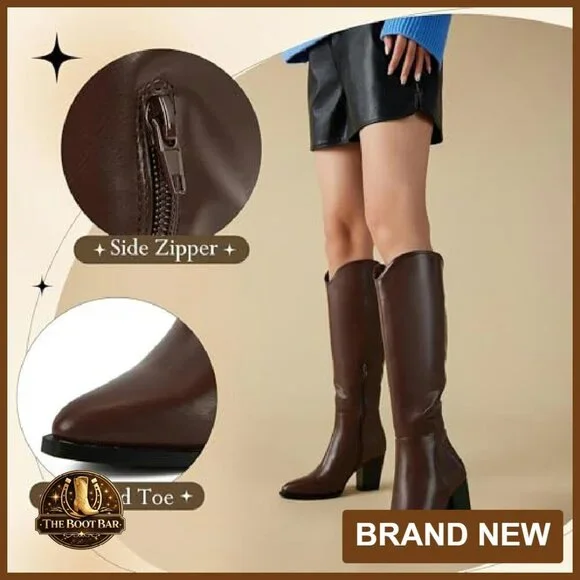 Knee High Boots Faux Leather Pointed Toe Chunky Heel Western Style - Picture 6 of 8